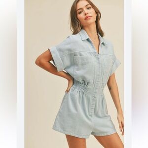 Miou Muse Y2K Button Front Chic Denim Short Sleeve Romper sz L